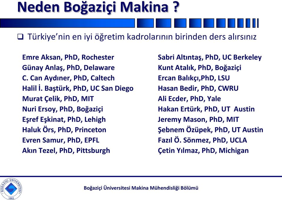 Atalık, PhD, Boğaziçi C. Can Aydıner, PhD, Caltech Ercan Balıkçı,PhD, LSU Halil İ.