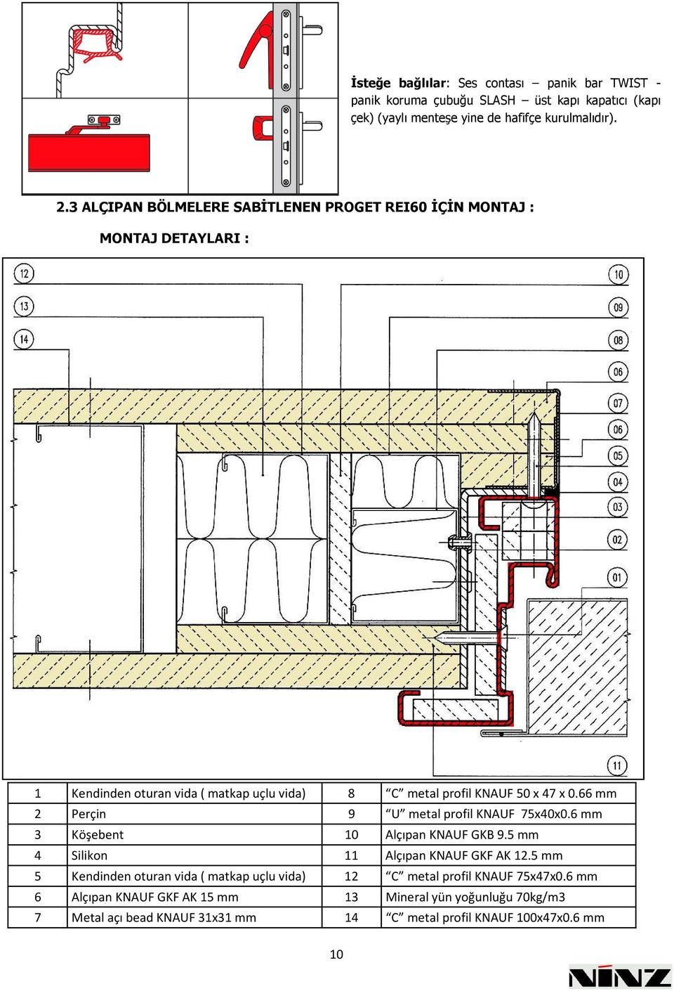 66 mm 2 Perçin 9 U metal profil KNAUF 75x40x0.6 mm 3 Köşebent 10 Alçıpan KNAUF GKB 9.5 mm 4 Silikon 11 Alçıpan KNAUF GKF AK 12.