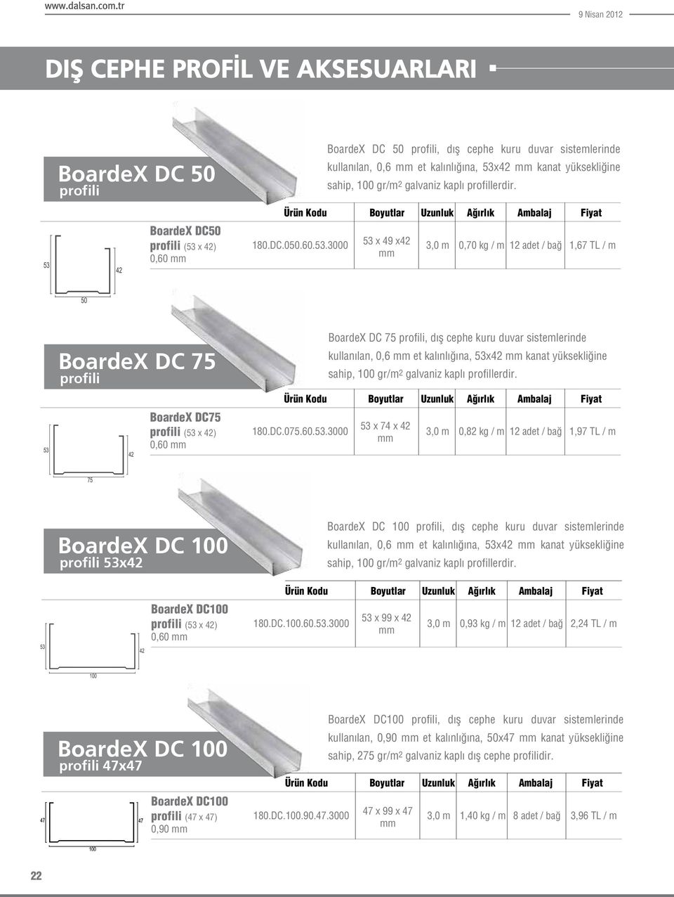 53 x 49 x42 0,70 kg / m 12 adet / bağ 1,67 TL / m BoardeX DC 75 profili BoardeX DC75 profili (53 x 42) 0,60 180.DC.075.60.53.3000 BoardeX DC 75 profili, dış cephe kuru duvar sistemlerinde kullanılan, 0,6 et kalınlığına, 53x42 kanat yüksekliğine sahip, 100 gr/m 2 galvaniz kaplı profillerdir.