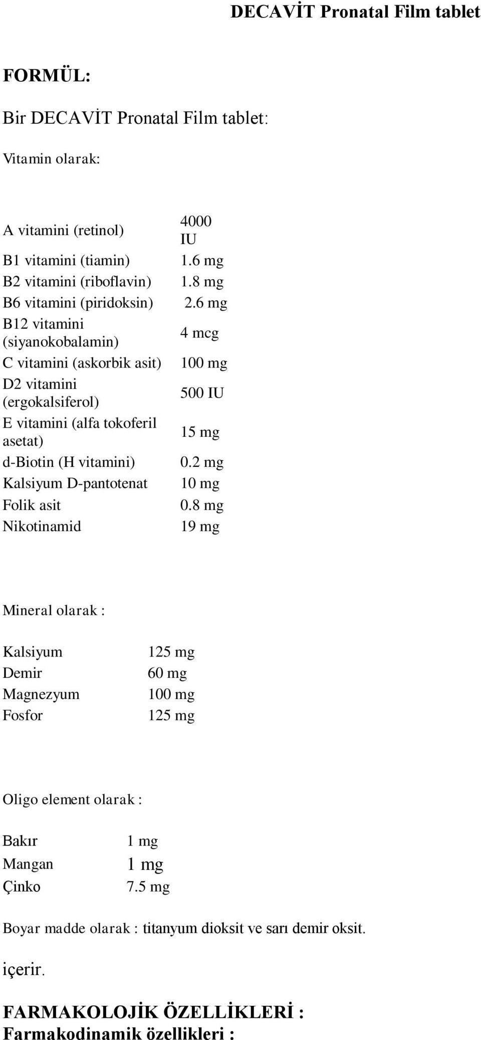 D-pantotenat Folik asit Nikotinamid 4000 IU 1.6 mg 1.8 mg 2.6 mg 4 mcg 100 mg 500 IU 15 mg 0.2 mg 10 mg 0.