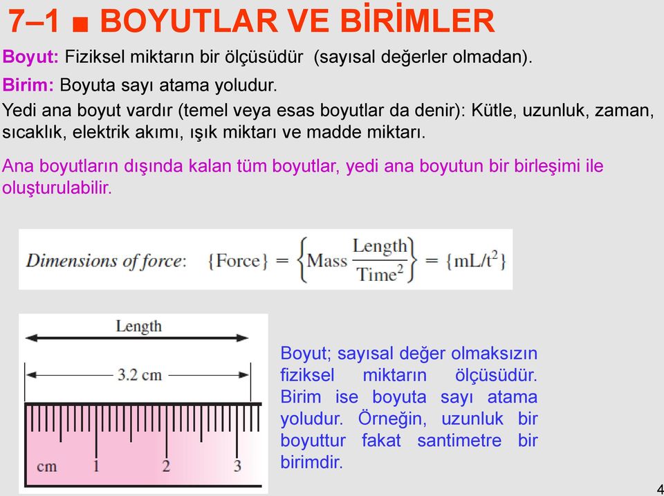 miktarı. Ana boyutların dışında kalan tüm boyutlar, yedi ana boyutun bir birleşimi ile oluşturulabilir.