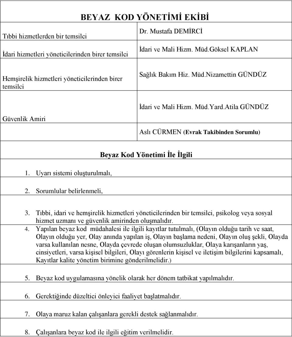 Tıbbi, idari ve hemşirelik hizmetleri yöneticilerinden bir, psikolog veya sosyal hizmet uzmanı ve güvenlik amirinden oluşmalıdır. 4.