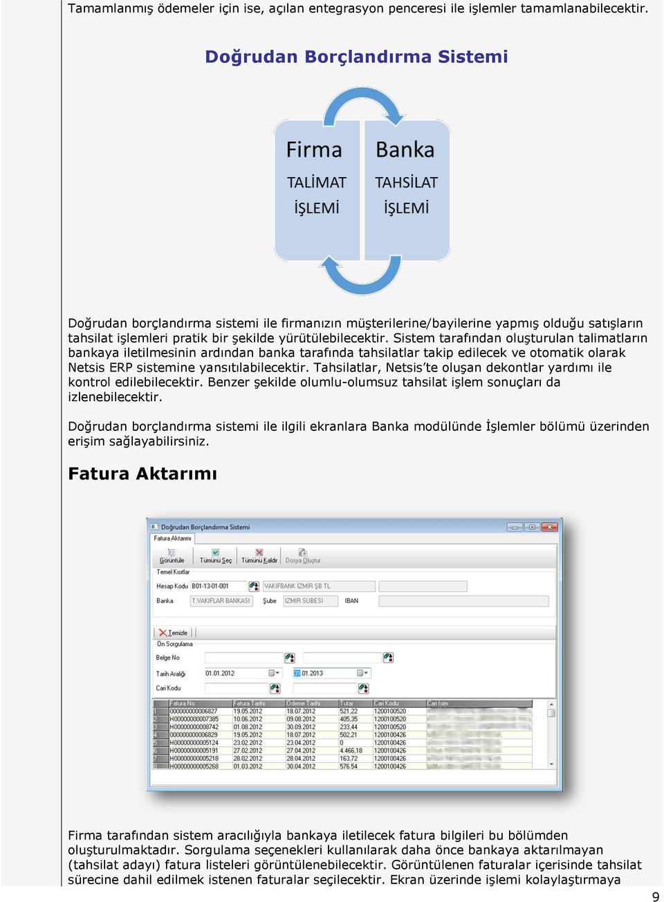 Sistem tarafından oluşturulan talimatların bankaya iletilmesinin ardından banka tarafında tahsilatlar takip edilecek ve otomatik olarak Netsis ERP sistemine yansıtılabilecektir.