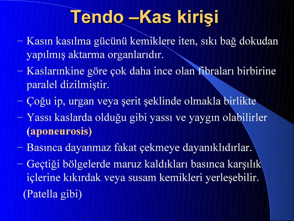 Çoğu ip, urgan veya şerit şeklinde olmakla birlikte Yassı kaslarda olduğu gibi yassı ve yaygın olabilirler