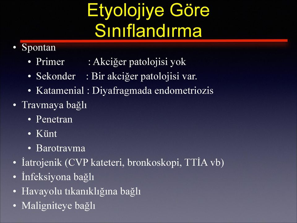 Katamenial : Diyafragmada endometriozis Travmaya bağlı Penetran Künt