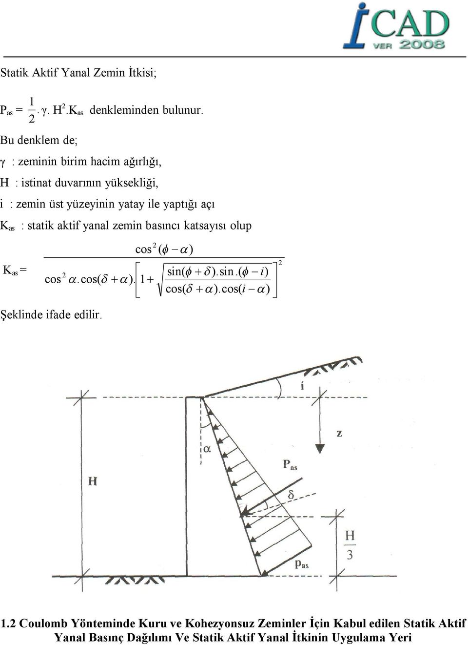 katsayısı olup K as = cos Şeklinde ifade edilir cos( ) 1 cos ( ) sin( )sin( i ) cos( )cos( i ) 1 Coulomb Yönteminde Kuru