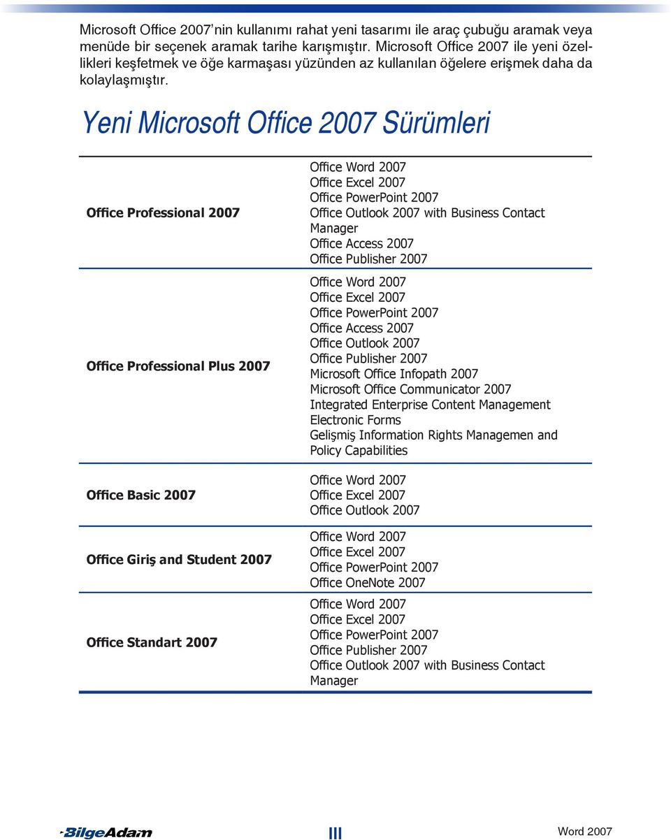 Yeni Microsoft Office 2007 Sürümleri Office Professional 2007 Office Professional Plus 2007 Office Basic 2007 Office Giriş and Student 2007 Office Standart 2007 Office Word 2007 Office Excel 2007