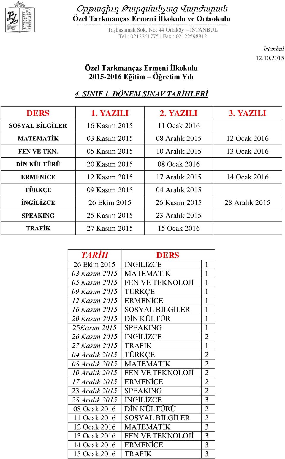 2015 28 Aralık 2015 SPEAKING 25 Kasım 2015 23 Aralık 2015 TRAFİK 27 Kasım 2015 15 Ocak 2016 26 Ekim 2015 İNGİLİZCE 1 03 Kasım 2015 MATEMATİK 1 05 Kasım 2015 FEN VE TEKNOLOJİ 1 09 Kasım 2015 TÜRKÇE 1