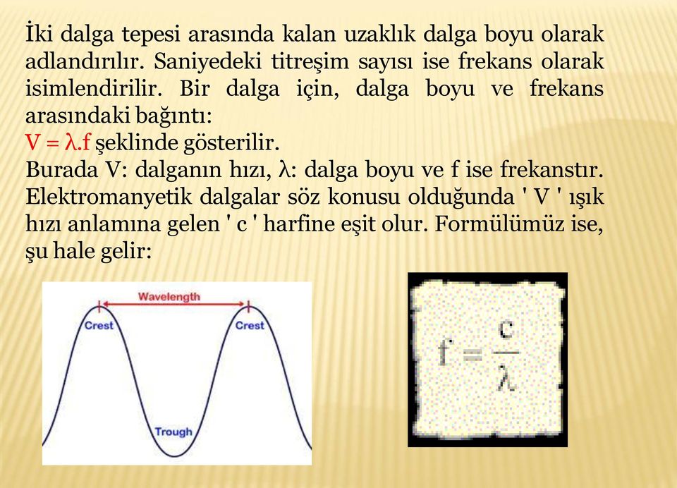 Bir dalga için, dalga boyu ve frekans arasındaki bağıntı: V = λ.f şeklinde gösterilir.