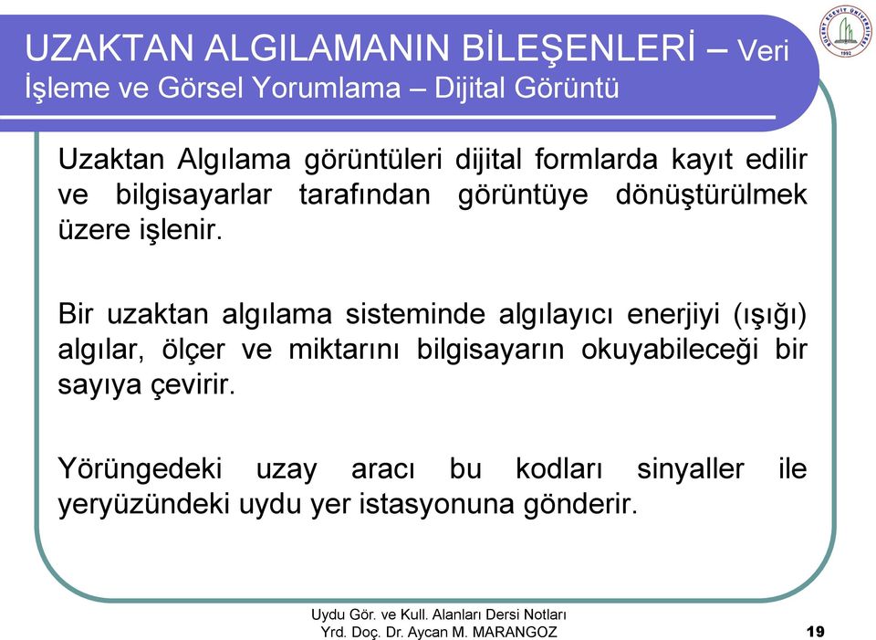 Bir uzaktan algılama sisteminde algılayıcı enerjiyi (ışığı) algılar, ölçer ve miktarını bilgisayarın