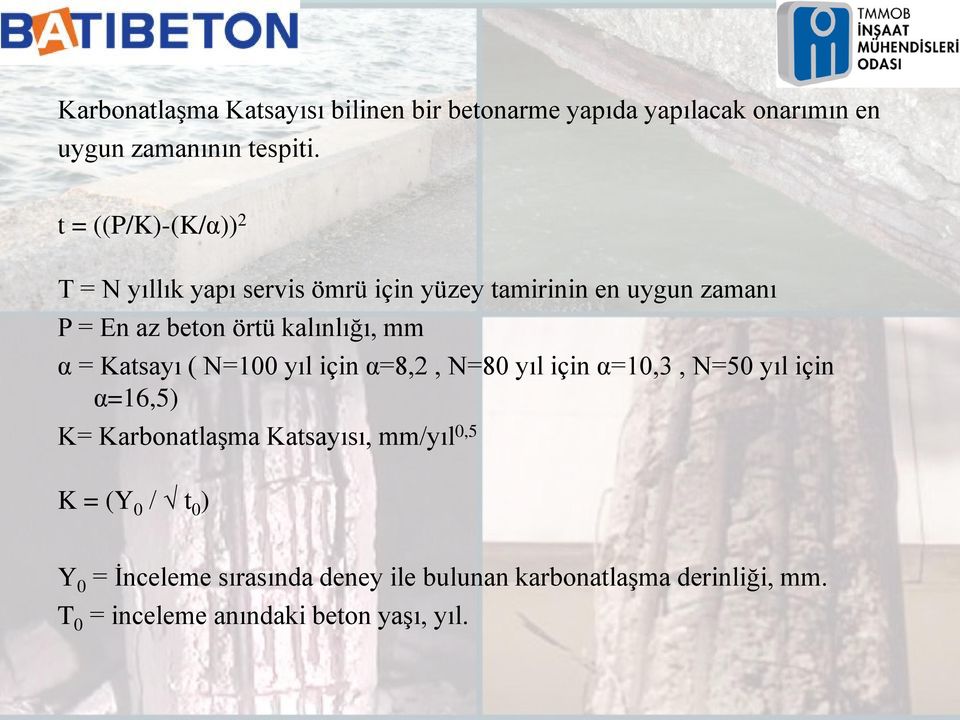 kalınlığı, mm α = Katsayı ( N=100 yıl için α=8,2, N=80 yıl için α=10,3, N=50 yıl için α=16,5) K= Karbonatlaşma