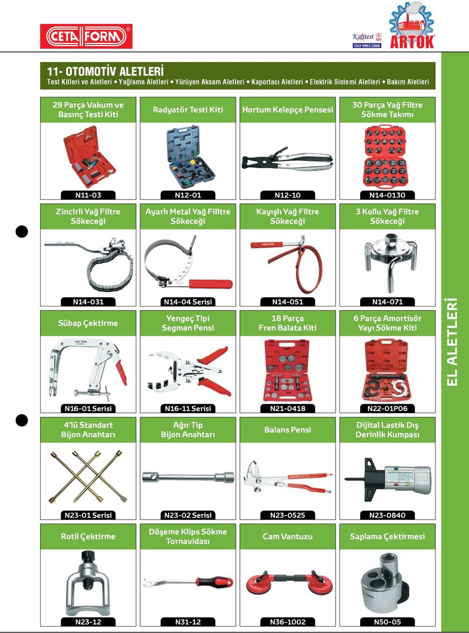 Filtre Sökeceği N14-031 Sübap Çektirme N14-04 Serisi Yengeç Tipi Segman Pensi N14-051 18 Parça Fren Balata Kiti N14-071 6 Parça Amortisör Yayı Sökme Kiti N16-01 Serisi N16-11 Serisi N21-0418