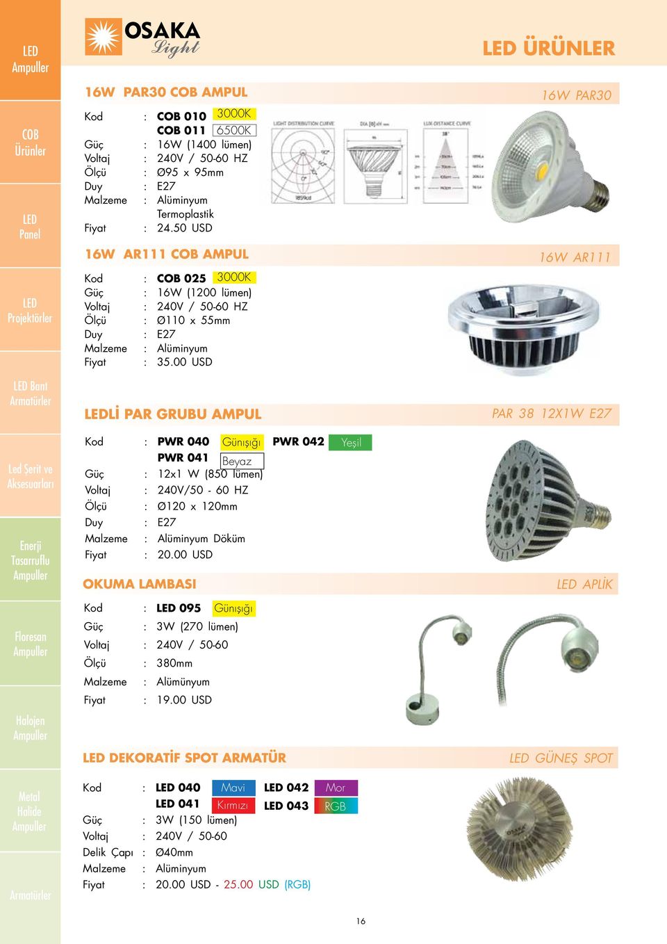 00 USD Bant Lİ PAR GRUBU AMPUL PAR 38 12X1W E27 OKUMA LAMBASI PWR 040 Günışığı PWR 041 Beyaz 12x1 W (850 lümen) 240V/50-60 HZ Ø120 x 120mm E27 Alüminyum