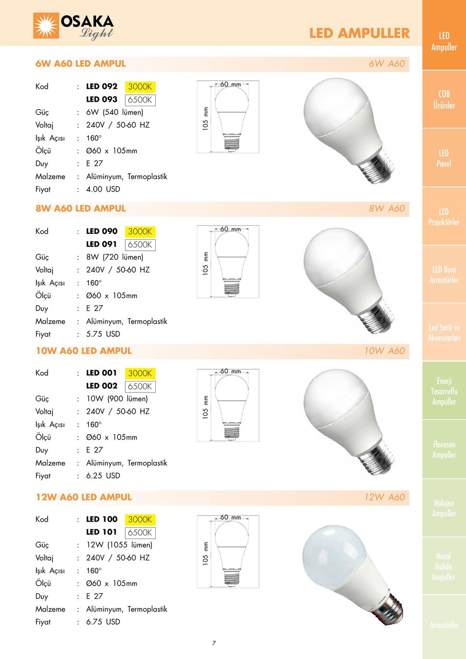 75 USD 10W A60 AMPUL 10W A60 Işık Açısı : 001 3000K 002 6500K 10W (900 lümen) 160 105 mm 60 mm Ø60 x 105mm E 27 Alüminyum, Termoplastik 6.