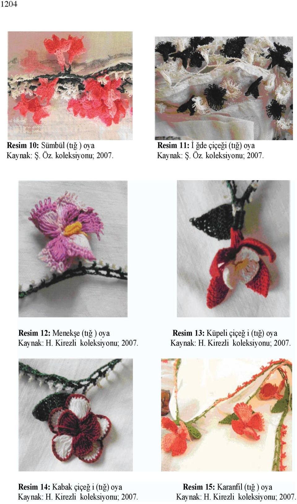 Resim 12: Menekşe (tığ ) oya Resim 13: Küpeli çiçeğ i (tığ) oya Kaynak: H. Kirezli koleksiyonu; 2007.