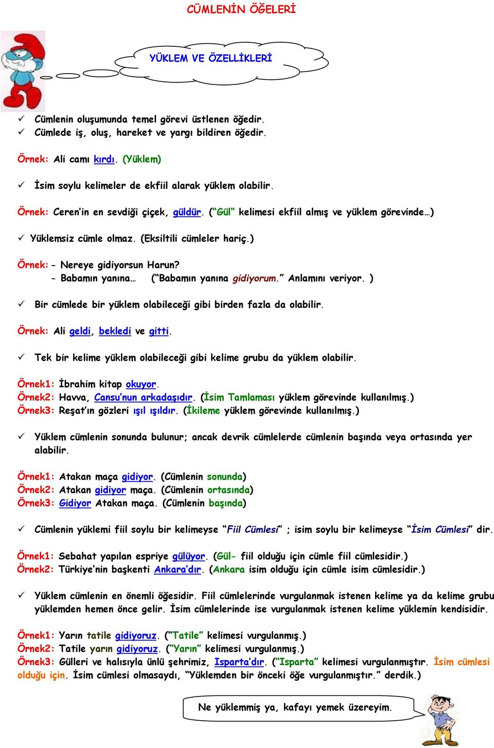 (Eksiltili cümleler hariç.) Örnek: - Nereye gidiyorsun Harun? - Babamın yanına ( Babamın yanına gidiyorum. Anlamını veriyor. ) Bir cümlede bir yüklem olabileceği gibi birden fazla da olabilir.