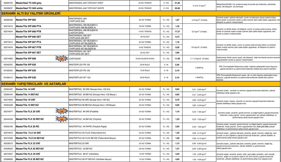 SET MASTERSEAL 565 (YAPFLEKS 305) MASTERSEAL 566 BİLEŞEN A (YAPFLEKS 306 BİLEŞEN A) MASTERSEAL 566 BİLEŞEN B (LASTOFLEKS) MASTERSEAL 566 SET (YAPFLEKS 306 SET) MASTERSEAL 567 BİLEŞEN A (YAPFLEKS 307
