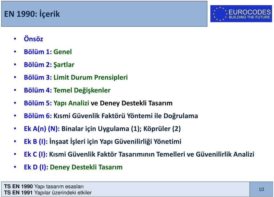 Doğrulama Ek A(n) (N): Binalar için Uygulama (1); Köprüler (2) Ek B (I): İnşaat İşleri için Yapı