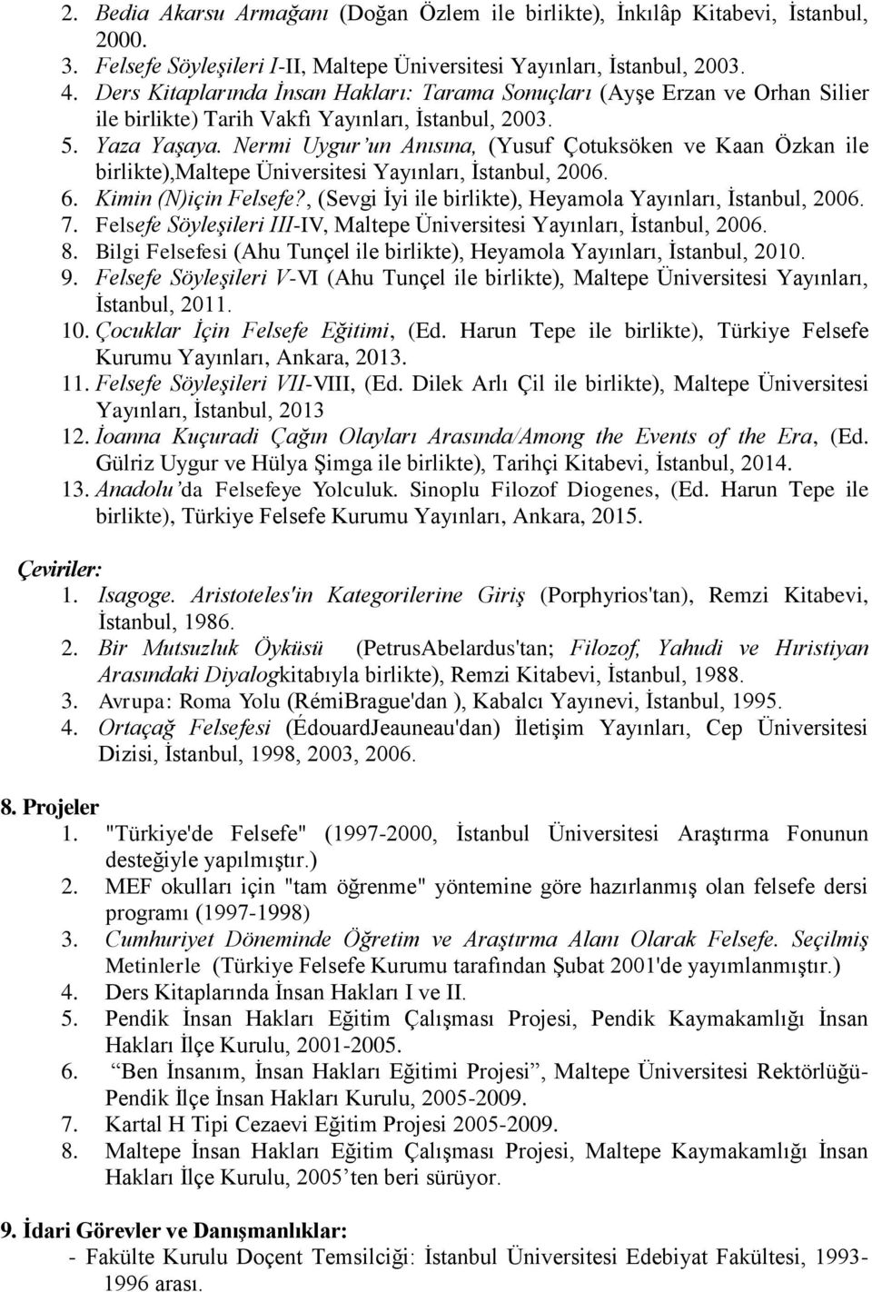 Nermi Uygur un Anısına, (Yusuf Çotuksöken ve Kaan Özkan ile birlikte),maltepe Üniversitesi Yayınları, İstanbul, 2006. 6. Kimin (N)için Felsefe?