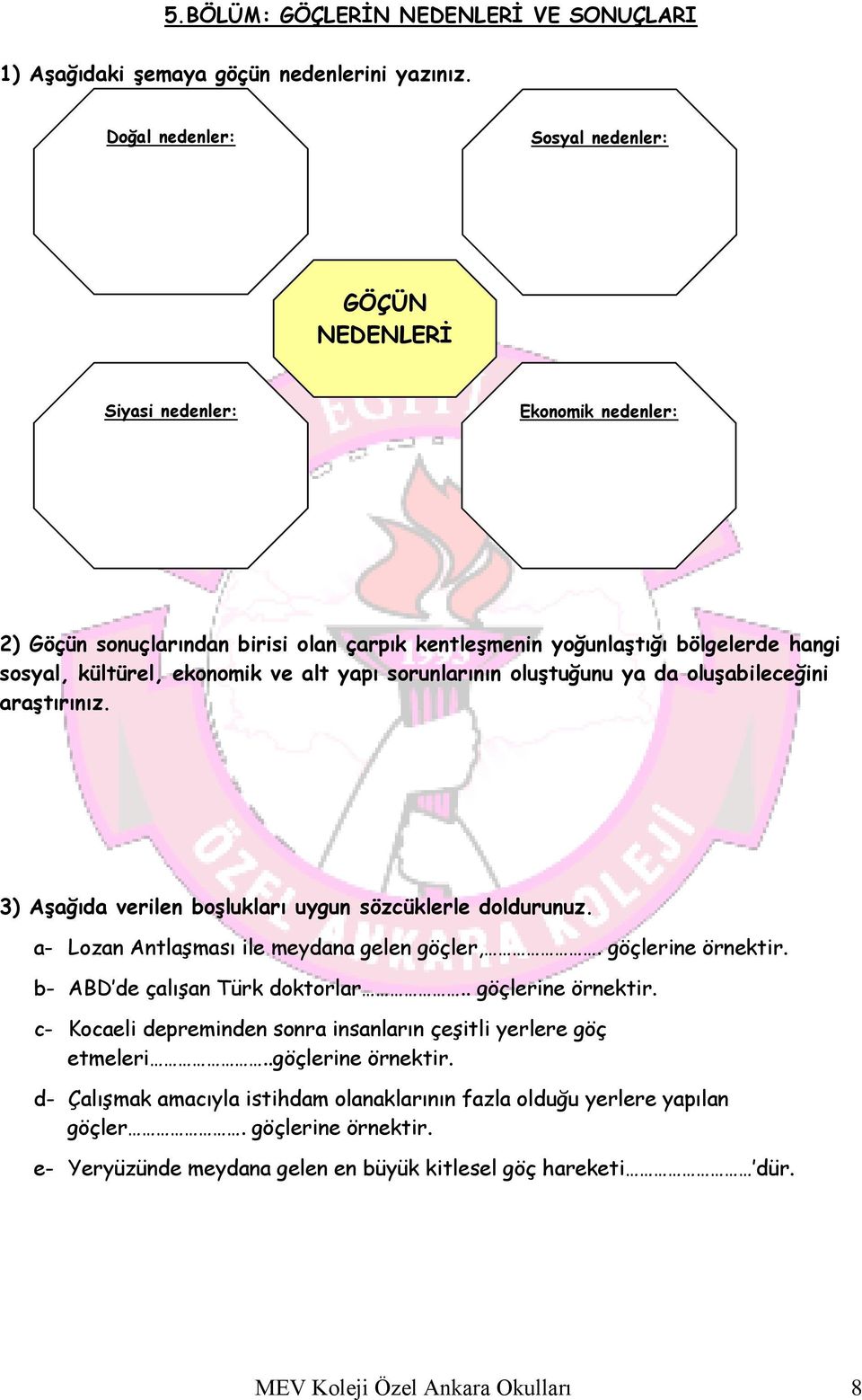 alt yapı sorunlarının oluştuğunu ya da oluşabileceğini araştırınız. 3) Aşağıda verilen boşlukları uygun sözcüklerle doldurunuz. a Lozan Antlaşması ile meydana gelen göçler,. göçlerine örnektir.