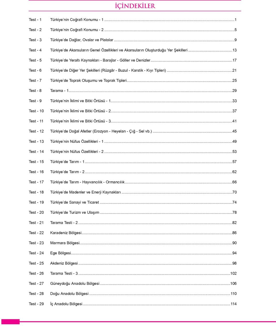 ..17 Test - 6 Türkiye de Diğer Yer Şekilleri (Rüzgâr - Buzul - Karstik - Kıyı Tipleri)...21 Test - 7 Türkiye de Toprak Oluşumu ve Toprak Tipleri...25 Test - 8 Tarama - 1.
