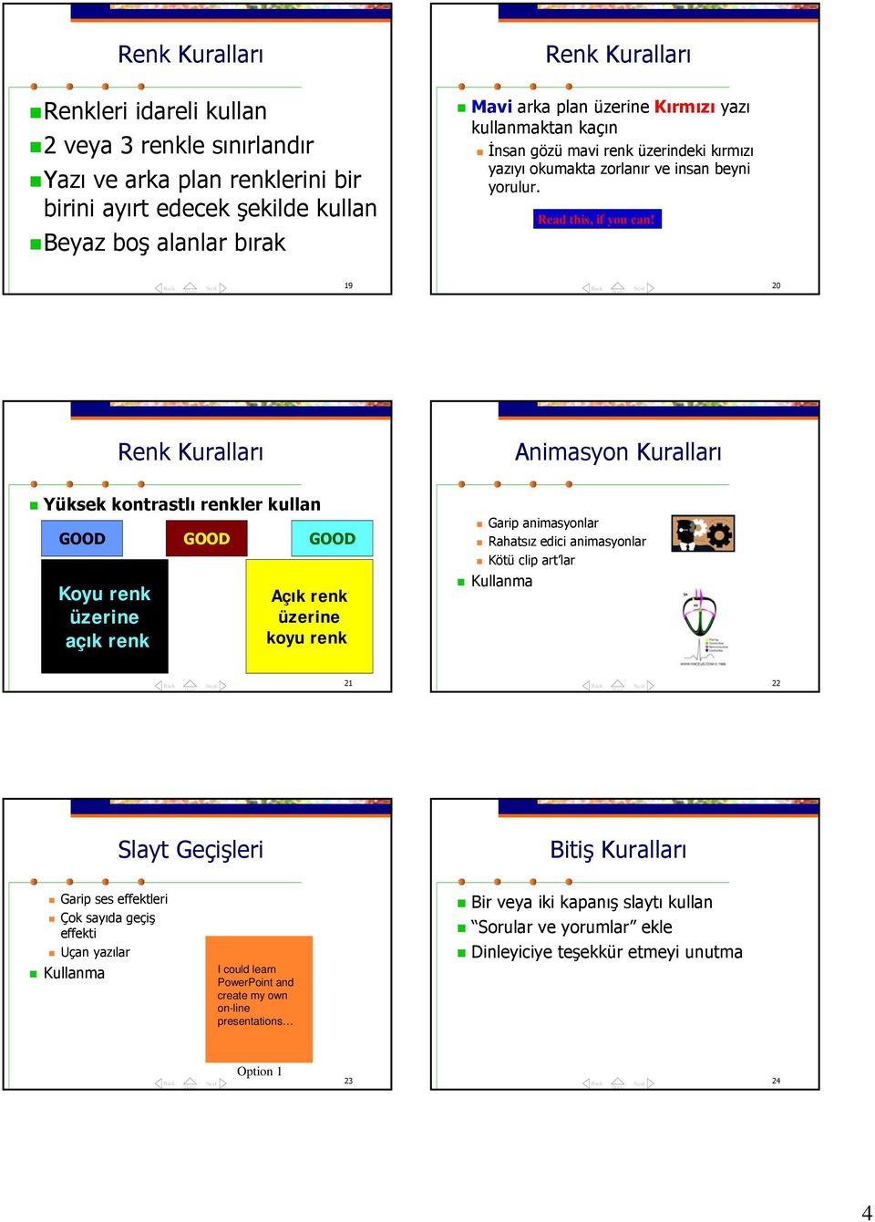 19 20 Renk Kuralları Animasyon Kuralları Yüksek kontrastlı renkler kullan GOOD GOOD GOOD Koyu renk üzerine açık renk Açık renk üzerine koyu renk Garip animasyonlar Rahatsız edici animasyonlar Kötü