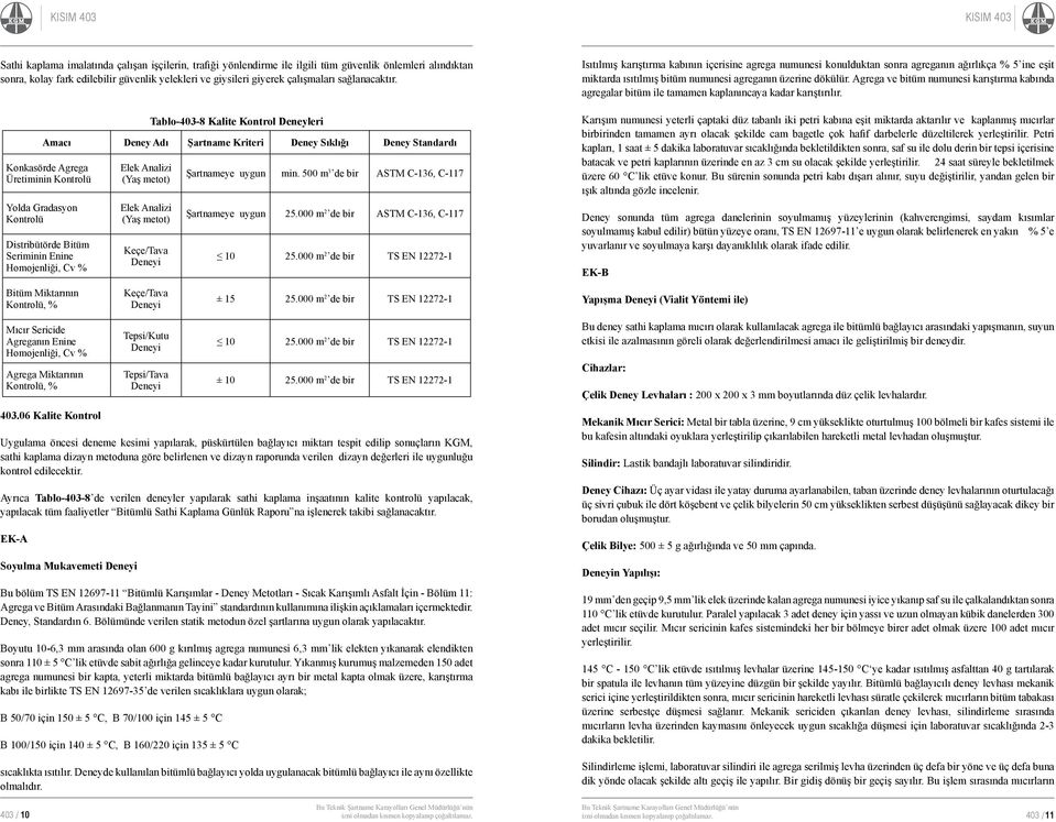 Tablo-403-8 Kalite Kontrol Deneyleri Amacı Deney Adı Şartname Kriteri Deney Sıklığı Deney Standardı Konkasörde Agrega Üretiminin Kontrolü Yolda Gradasyon Kontrolü Distribütörde Bitüm Seriminin Enine