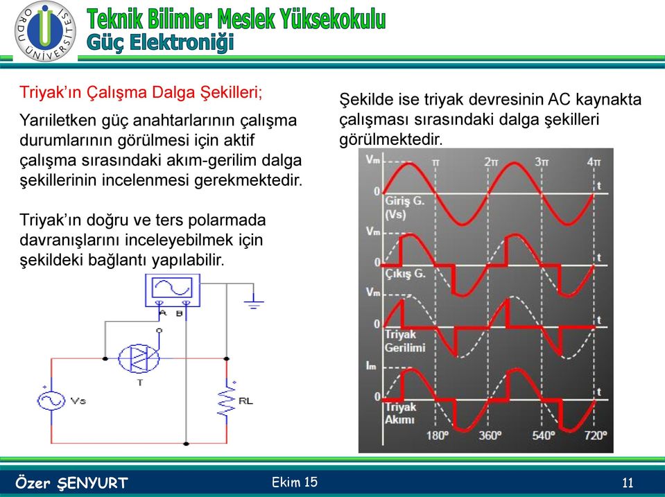 Şekilde ise triyak devresinin AC kaynakta çalışması sırasındaki dalga şekilleri görülmektedir.