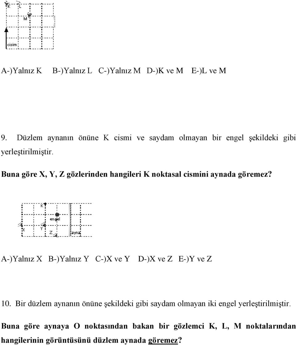 Buna göre X, Y, Z gözlerinden hangileri K noktasal cismini aynada göremez?