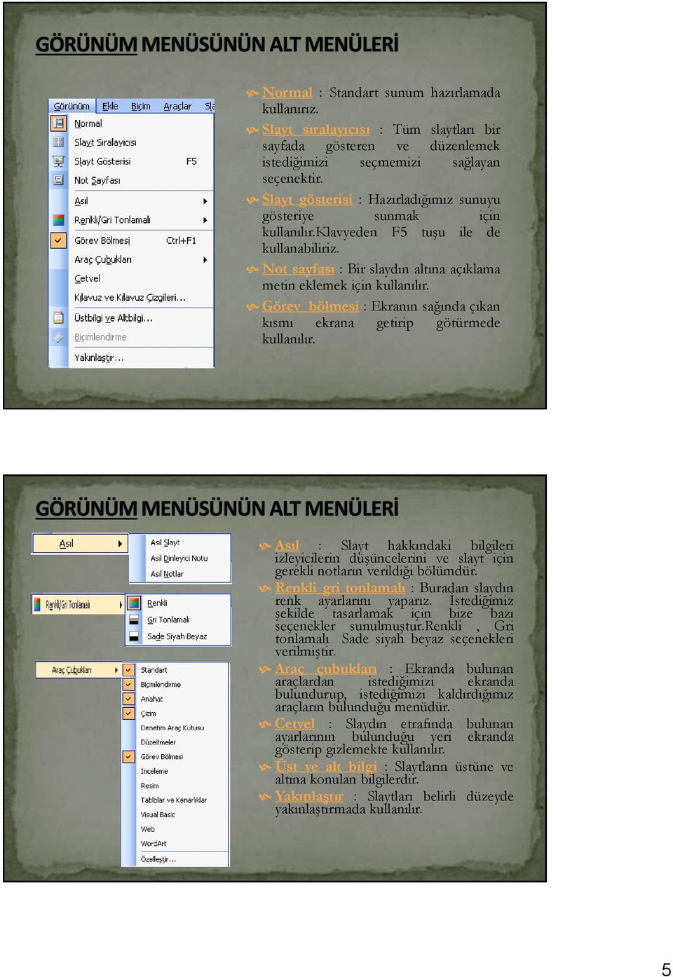 Not sayfası : Bir slaydın altına açıklama metin eklemek için Görev bölmesi : Ekranın sağında çıkan kısmı ekrana getirip götürmede Asıl : Slayt hakkındaki bilgileri izleyicilerin düşüncelerini ve