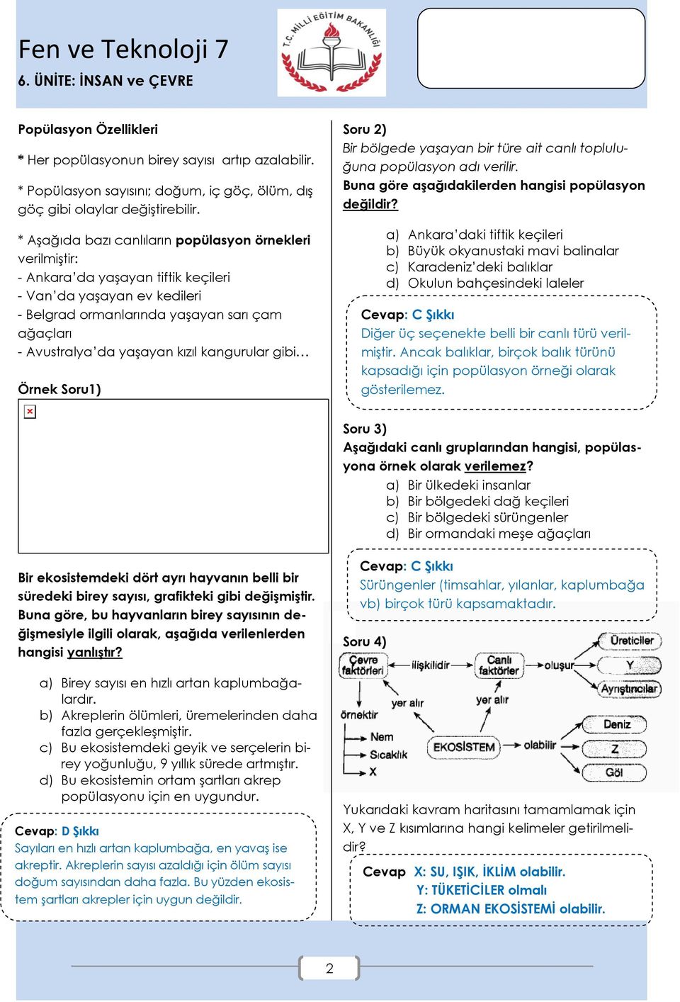 kızıl kangurular gibi Örnek Soru1) Soru 2) Bir bölgede yaşayan bir türe ait canlı topluluğuna popülasyon adı verilir. Buna göre aşağıdakilerden hangisi popülasyon değildir?