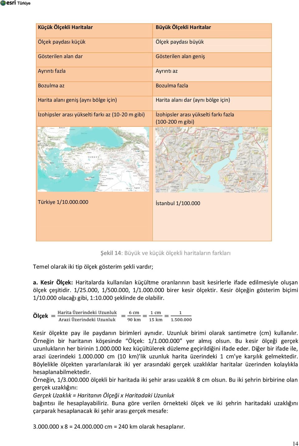 000 Temel olarak iki tip ölçek gösterim şekli vardır; Şekil 14: Büyük ve küçük ölçekli haritaların farkları a.