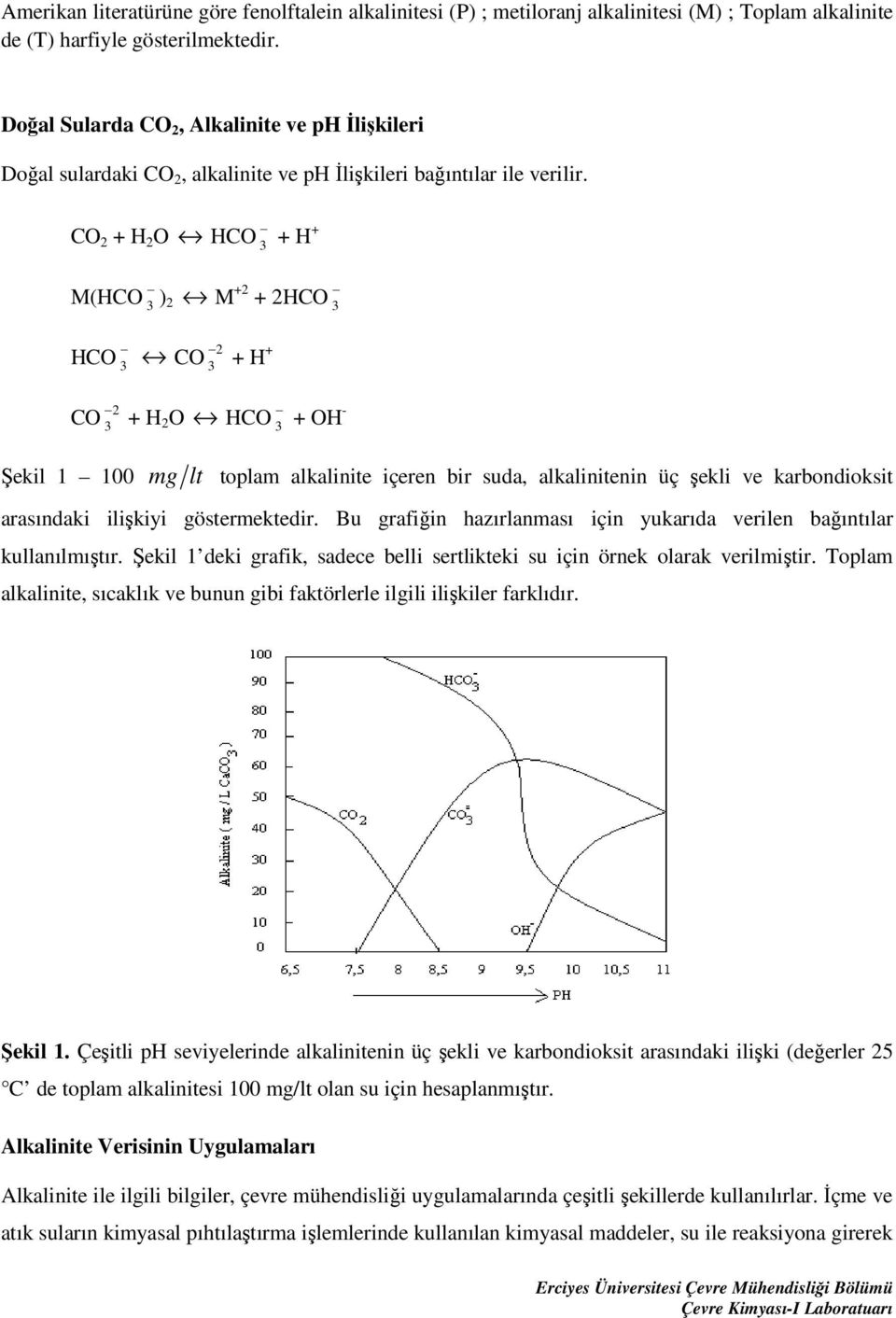 CO 2 + H 2 O HCO 3 + H+ M(HCO 3 ) 2 M +2 + 2HCO 3 HCO CO 2 3 3 + H + CO 2 3 + H 2 O HCO 3 + OH- Şekil 1 100 mg lt toplam alkalinite içeren bir suda, alkalinitenin üç şekli ve karbondioksit arasındaki