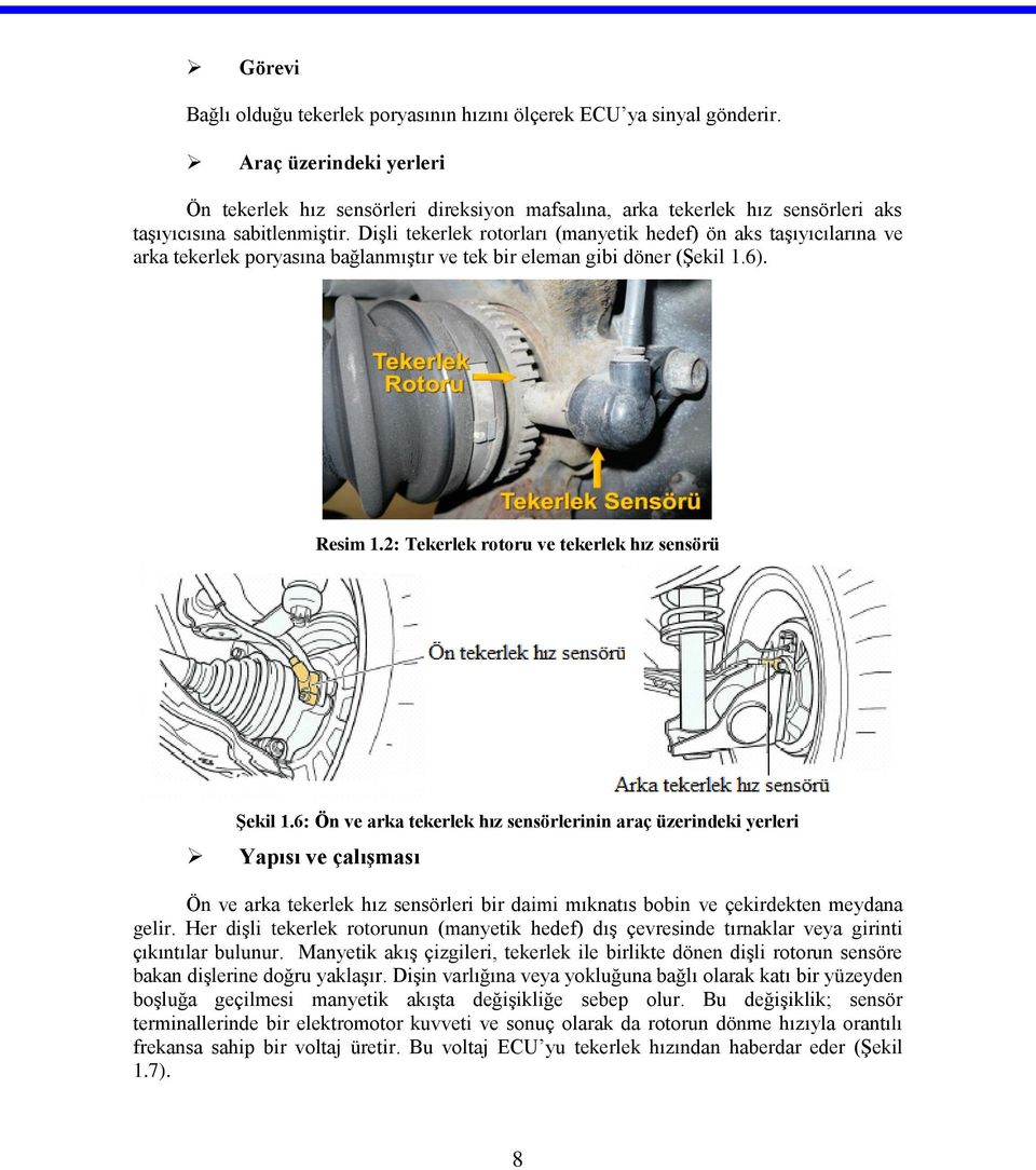 Dişli tekerlek rotorları (manyetik hedef) ön aks taşıyıcılarına ve arka tekerlek poryasına bağlanmıştır ve tek bir eleman gibi döner (Şekil 1.6). Resim 1.