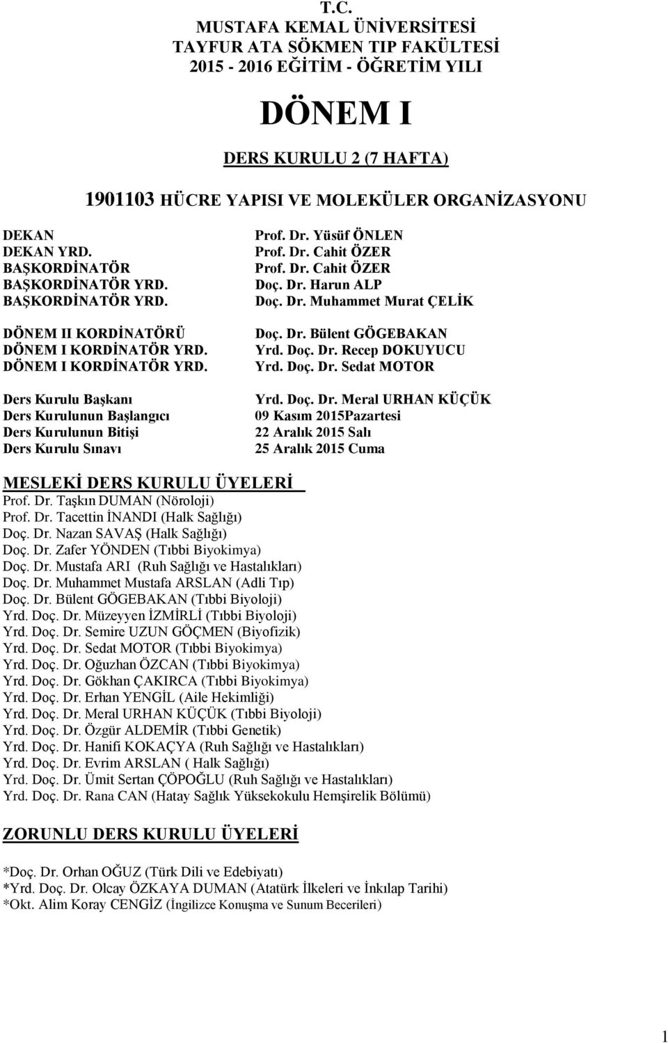 Dr. Yüsüf ÖNLEN Prof. Dr. Cahit ÖZER Prof. Dr. Cahit ÖZER Doç. Dr. Harun ALP Doç. Dr. Muhammet Murat ÇELĠK Doç. Dr. Bülent GÖGEBAKAN Yrd. Doç. Dr. Recep DOKUYUCU Yrd. Doç. Dr. Sedat MOTOR Yrd. Doç. Dr. Meral URHAN KÜÇÜK 09 Kasım 2015 22 Aralık 2015 25 Aralık 2015 Cuma MESLEKĠ DERS KURULU ÜYELERĠ Prof.