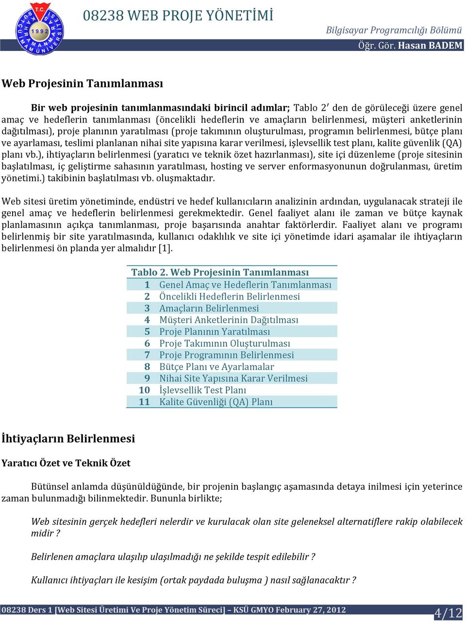 karar verilmesi, işlevsellik test planı, kalite güvenlik (QA) planı vb.