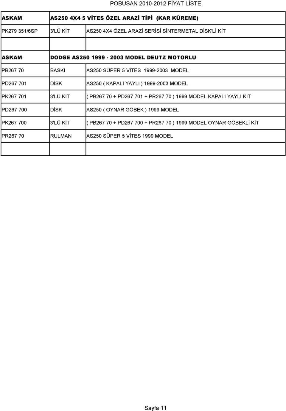 1999-2003 MODEL PK267 701 3'LÜ KİT ( PB267 70 + PD267 701 + PR267 70 ) 1999 MODEL KAPALI YAYLI KİT PD267 700 DİSK AS250 ( OYNAR GÖBEK )