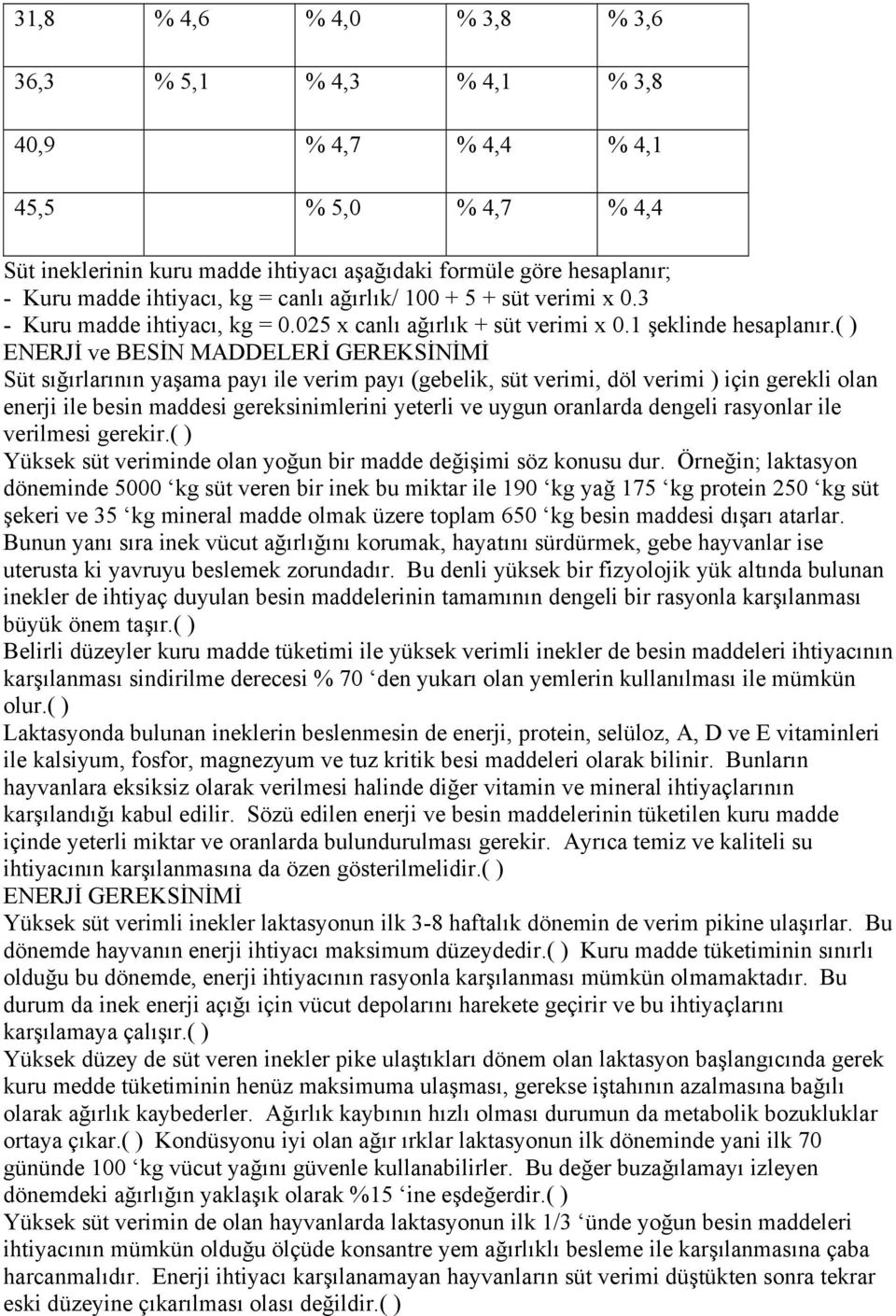 ( ) ENERJİ ve BESİN MADDELERİ GEREKSİNİMİ Süt sığırlarının yaşama payı ile verim payı (gebelik, süt verimi, döl verimi ) için gerekli olan enerji ile besin maddesi gereksinimlerini yeterli ve uygun