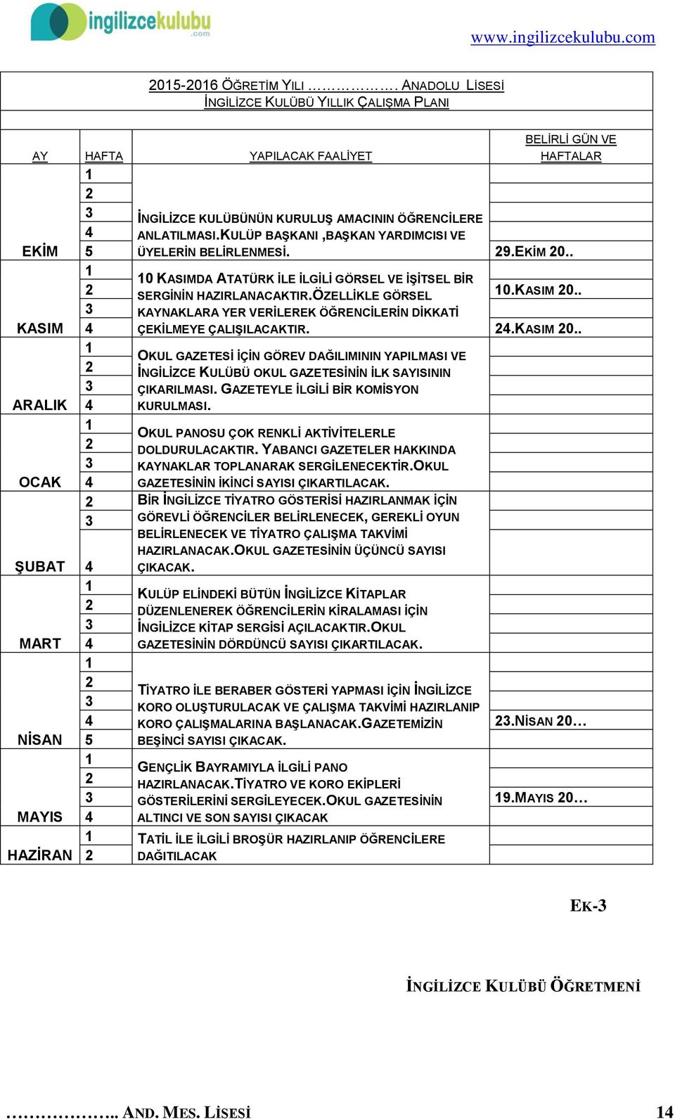 ÖZELLİKLE GÖRSEL 3 KAYNAKLARA YER VERİLEREK ÖĞRENCİLERİN DİKKATİ 10.KASIM 20.. KASIM 4 ÇEKİLMEYE ÇALIŞILACAKTIR. 24.KASIM 20.. 1 OKUL GAZETESİ İÇİN GÖREV DAĞILIMININ YAPILMASI VE 2 İNGİLİZCE KULÜBÜ OKUL GAZETESİNİN İLK SAYISININ 3 ÇIKARILMASI.