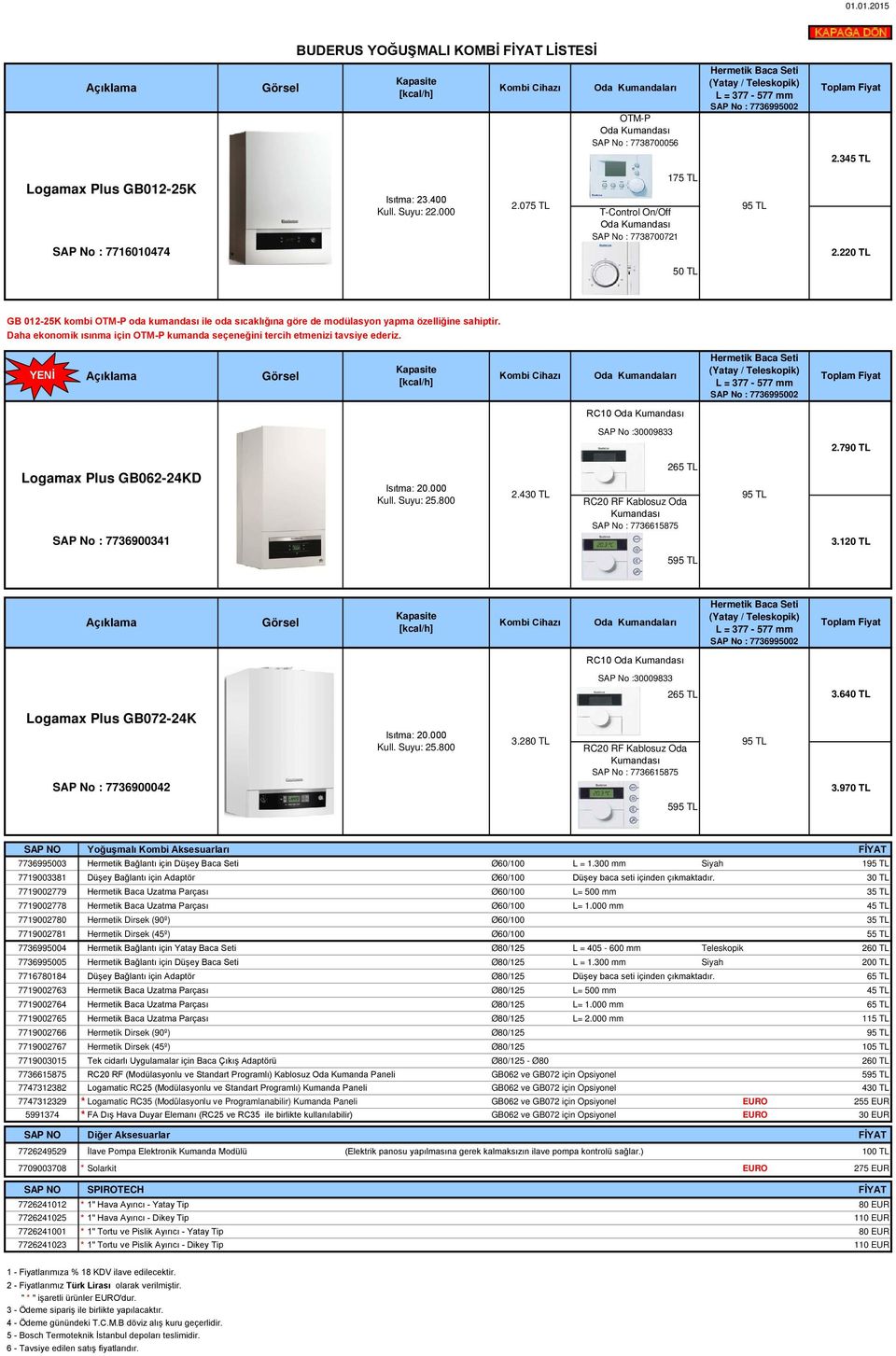 220 TL 50 TL GB 012-25K kombi OTM-P oda kumandası ile oda sıcaklığına göre de modülasyon yapma özelliğine sahiptir. Daha ekonomik ısınma için OTM-P kumanda seçeneğini tercih etmenizi tavsiye ederiz.