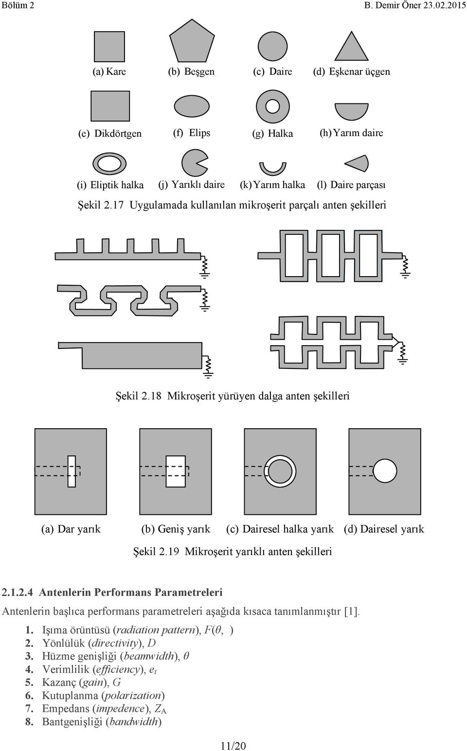 19 Mikroşerit yarıklı anten şekilleri 2.1.2.4 Antenlerin Performans Parametreleri Antenlerin başlıca performans parametreleri aşağıda kısaca tanımlanmıştır [1]. 1.