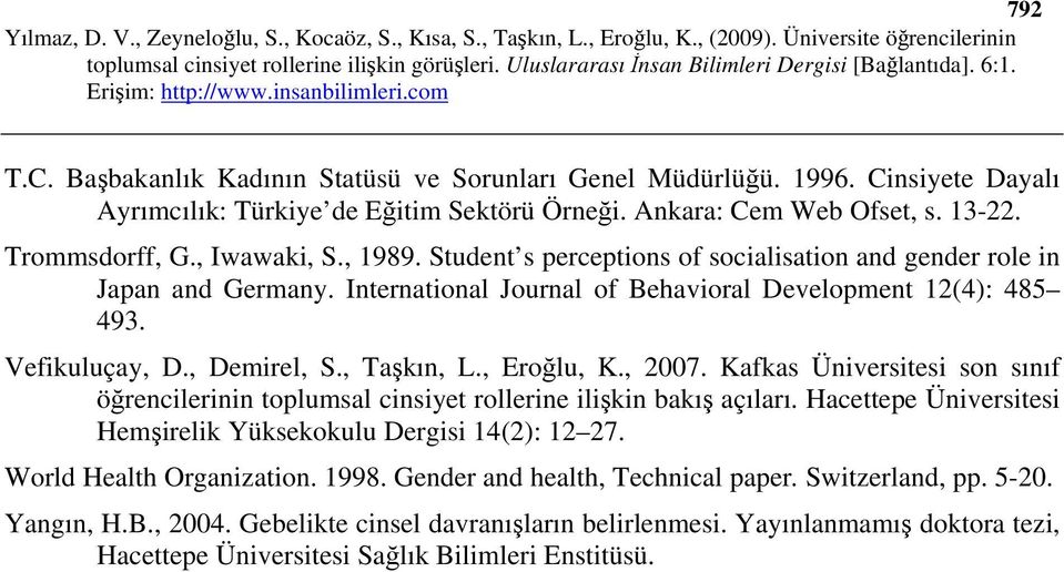 , Eroğlu, K., 2007. Kafkas Üniversitesi son sınıf öğrencilerinin toplumsal cinsiyet rollerine ilişkin bakış açıları. Hacettepe Üniversitesi Hemşirelik Yüksekokulu Dergisi 14(2): 12 27.