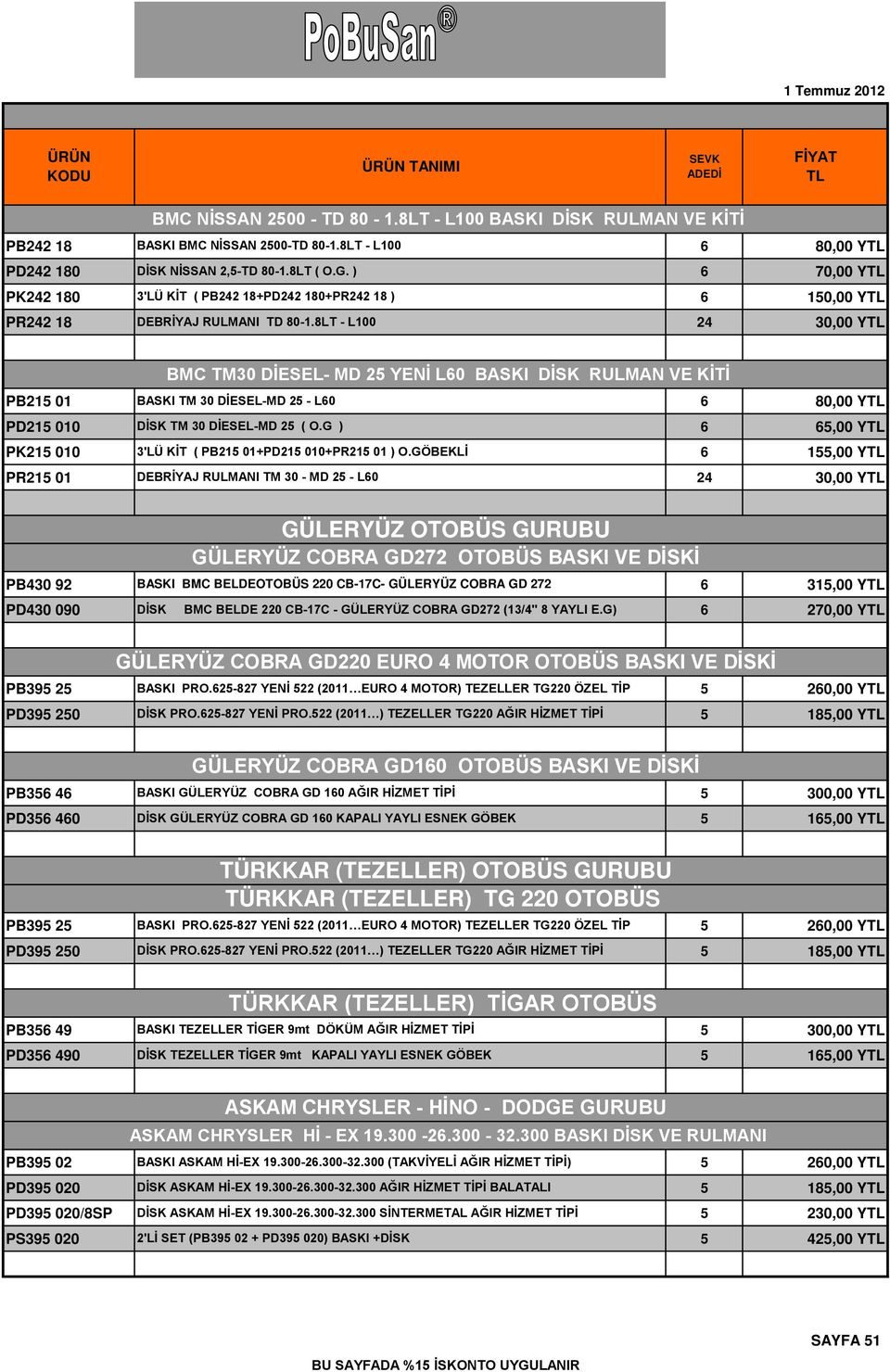 8LT - L100 24 30,00 Y BMC TM30 DİESEL- MD 25 YENİ L60 BASKI DİSK RULMAN VE KİTİ PB215 01 BASKI TM 30 DİESEL-MD 25 - L60 6 80,00 Y PD215 010 DİSK TM 30 DİESEL-MD 25 ( O.