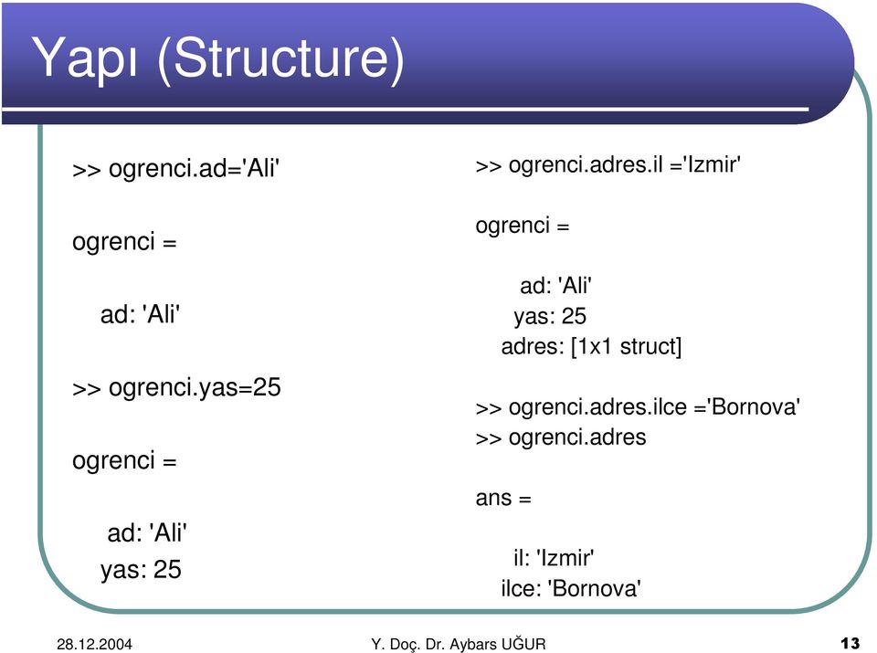 il ='Izmir' ogrenci = ad: 'Ali' yas: 25 adres: [1x1 struct] >> ogrenci.