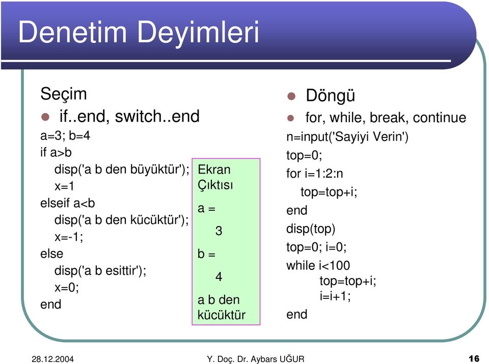 disp('a b esittir'); x=0; end Ekran Çıktısı a = b = 3 4 a b den kücüktür Döngü for, while, break,