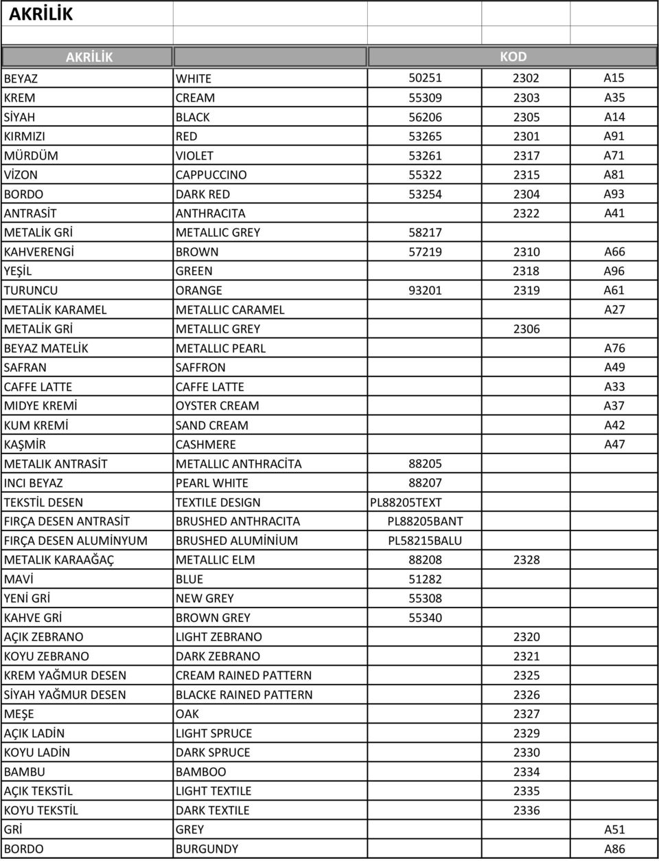 METALİK GRİ METALLIC GREY 2306 BEYAZ MATELİK METALLIC PEARL A76 SAFRAN SAFFRON A49 CAFFE LATTE CAFFE LATTE A33 MIDYE KREMİ OYSTER CREAM A37 KUM KREMİ SAND CREAM A42 KAŞMİR CASHMERE A47 METALIK
