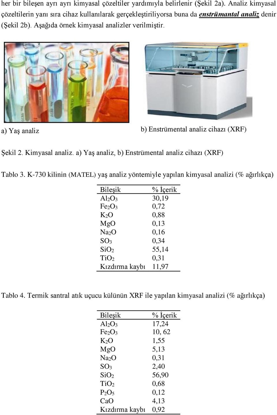 a) Yaş analiz b) Enstrümental analiz cihazı (XRF) Şekil 2. Kimyasal analiz. a) Yaş analiz, b) Enstrümental analiz cihazı (XRF) Tablo 3.