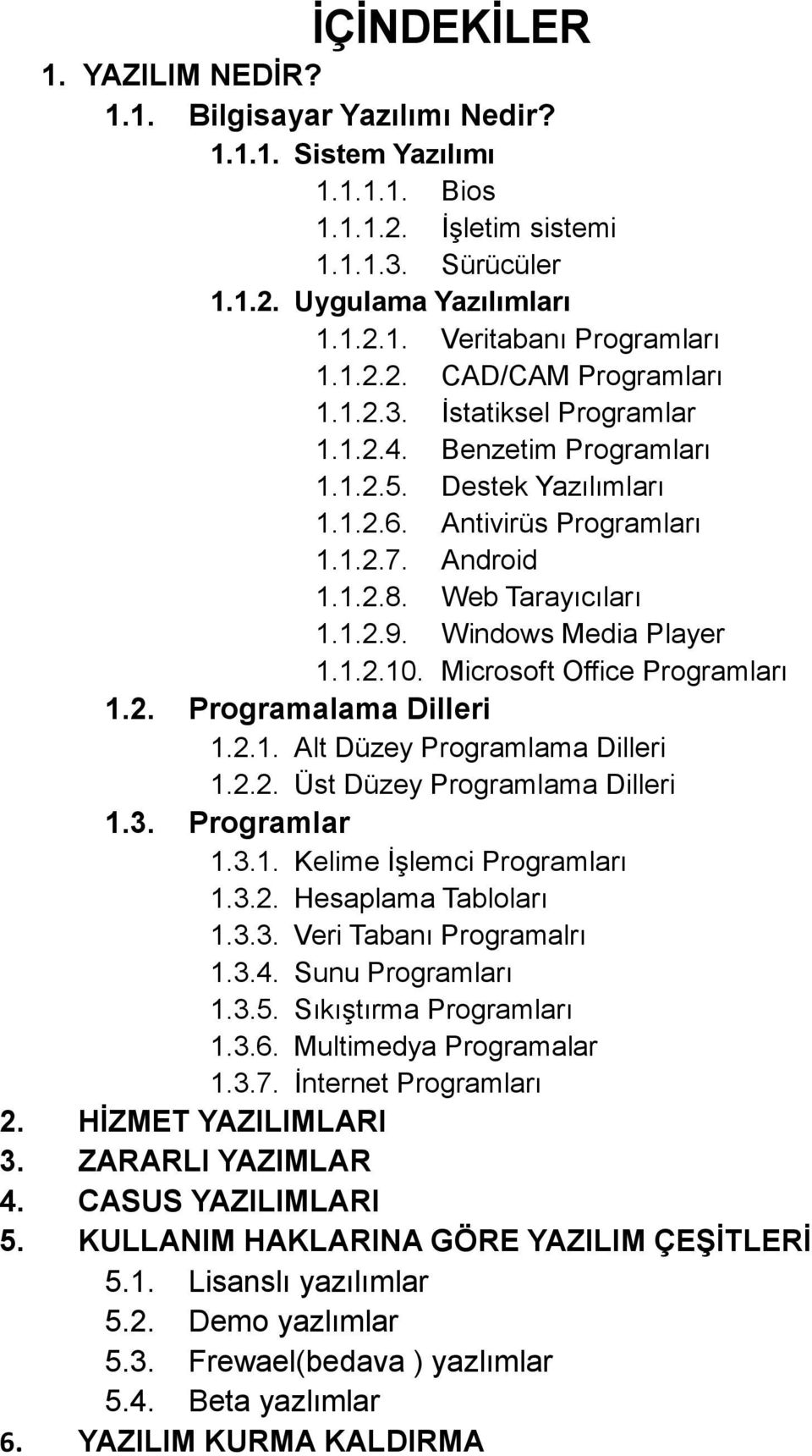 Windows Media Player 1.1.2.10. Microsoft Office Programları 1.2. Programalama Dilleri 1.2.1. Alt Düzey Programlama Dilleri 1.2.2. Üst Düzey Programlama Dilleri 1.3. Programlar 1.3.1. Kelime İşlemci Programları 1.