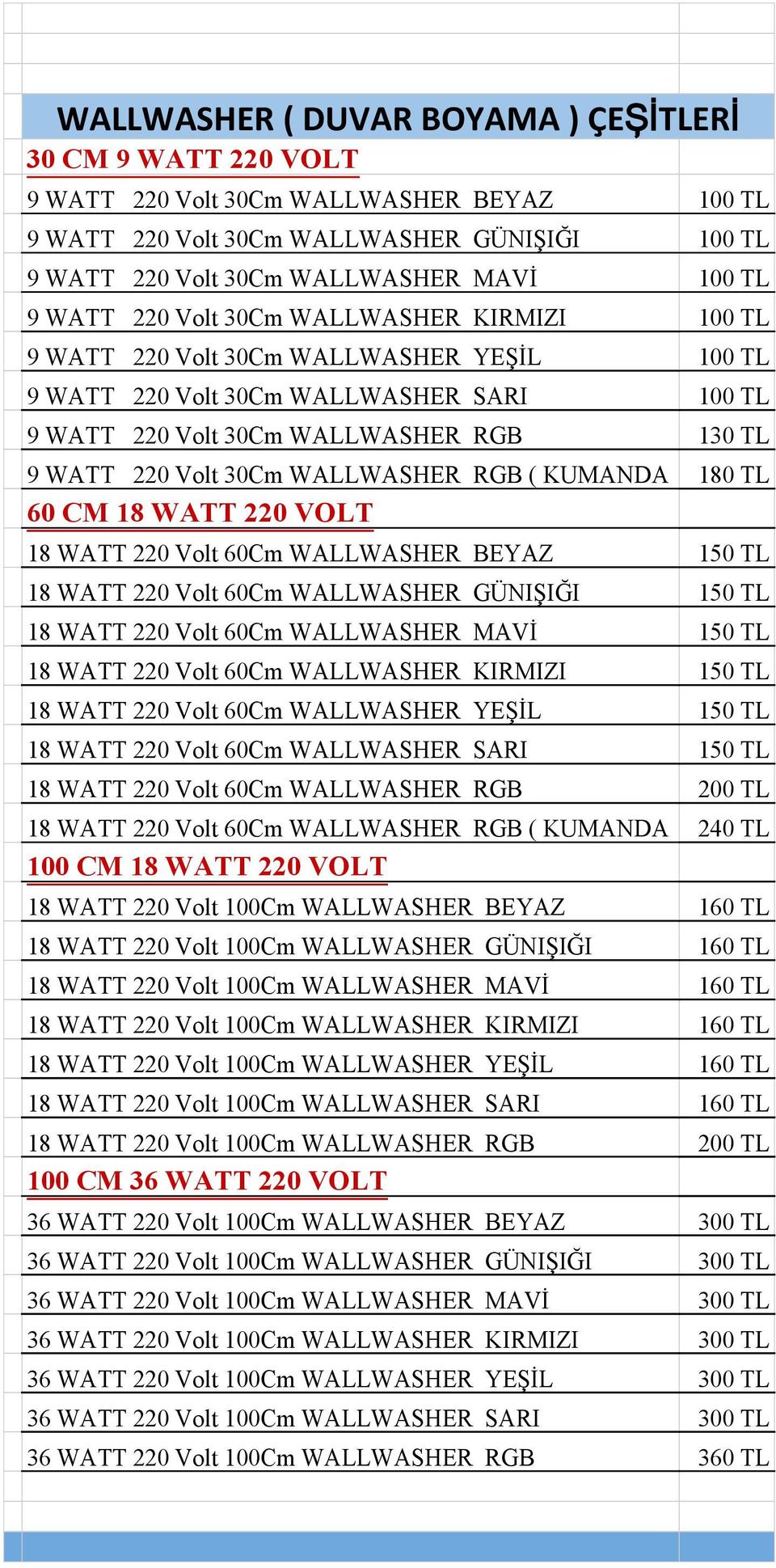 VOLT 18 WATT 220 Volt 60Cm WALLWASHER BEYAZ 18 WATT 220 Volt 60Cm WALLWASHER GÜNIŞIĞI 18 WATT 220 Volt 60Cm WALLWASHER MAVİ 18 WATT 220 Volt 60Cm WALLWASHER KIRMIZI 18 WATT 220 Volt 60Cm WALLWASHER