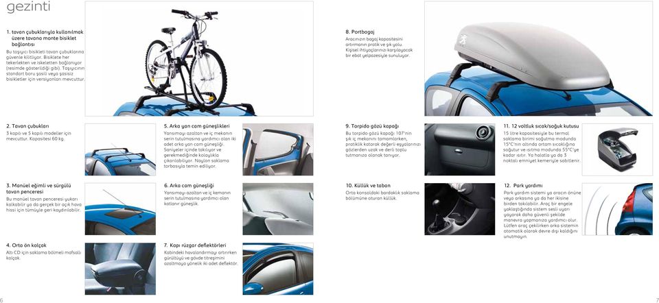 Bisiklete her tekerlekten ve iskeletten bağlanıyor (resimde gösterildiği gibi). Taşıyıcının standart boru şasili veya şasisiz bisikletler için versiyonları mevcuttur. 2. Tavan çubukları 5.